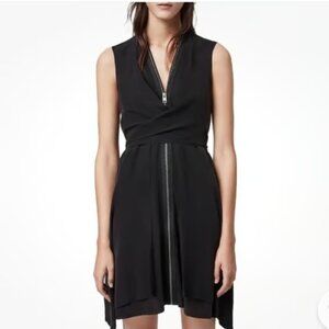 ALLSAINTS JAYDA SLEEVELESS MINI DRESS TIE FRONT FULL ZIP BLACK SILK SIZE 2